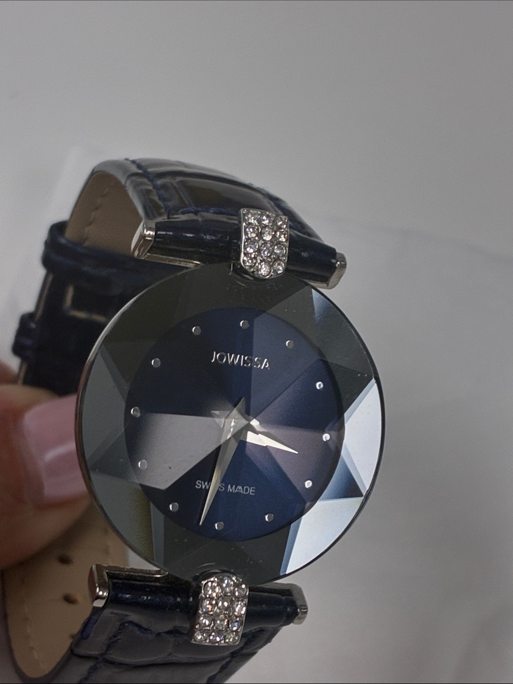Women Jowissa Swiss  Blue Faceted Crystal Accent Leather Strap Watch